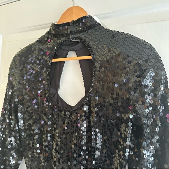 Vintage NiteLine Black Sequin Keyhole High Heart Neck Mini Dress Size 10 Swifty - Picture 5 of 7